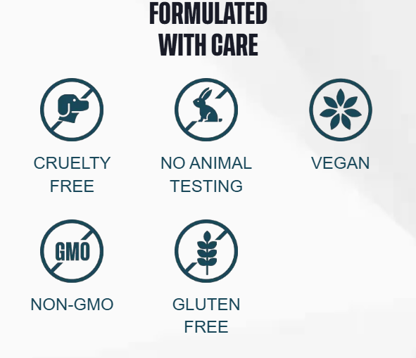 정성껏 제조됨 — 동물 실험 없음, 크루엘티 프리, 비건, 논-GMO, 글루텐 프리