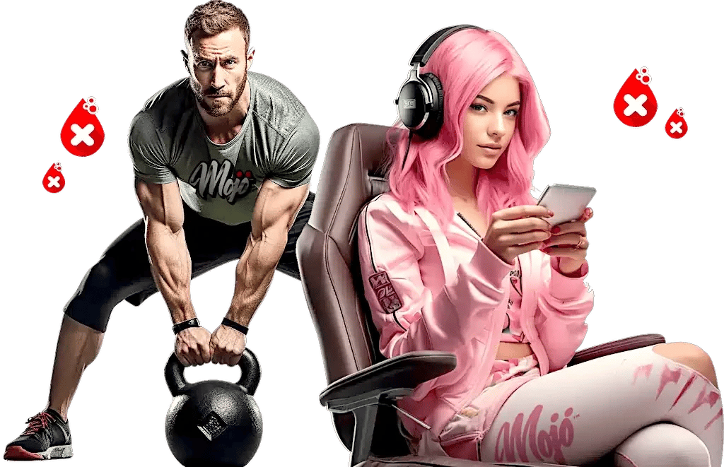 kettlebell을 들어올리는 남자 옆에 MOJO 트레이닝복을 입은 게이머 여자