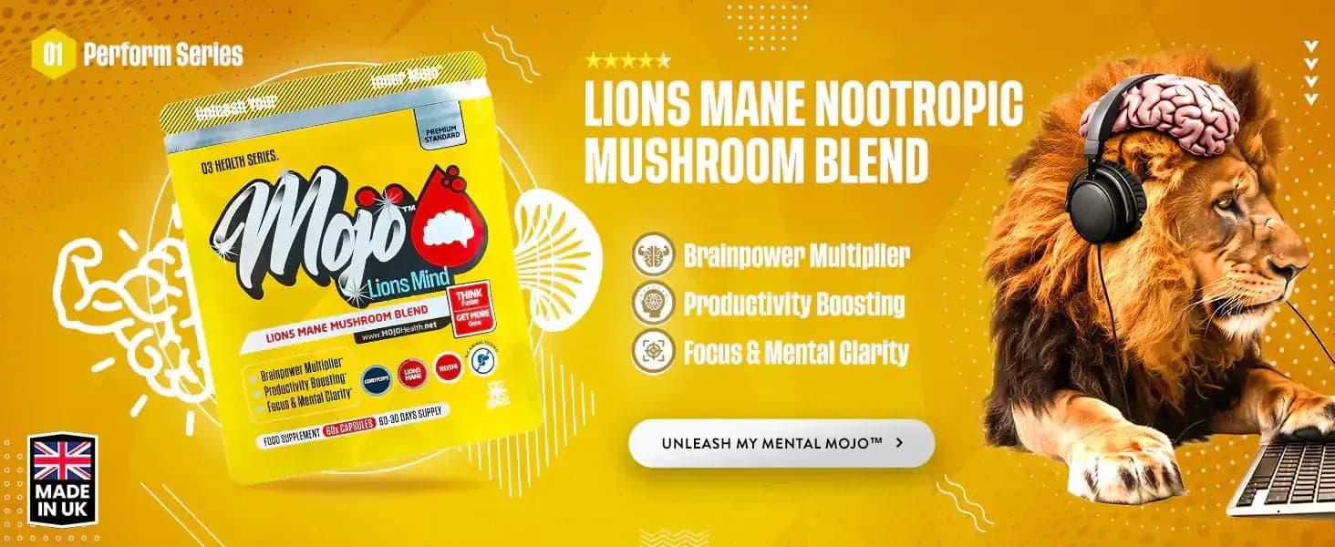 Mojo Lions Mind — 사자 갈기 노로트로픽 버섯 블렌드: 뇌력 배가, 생산성 향상, 집중력과 정신 명확성. 정신력을 깨워보세요.